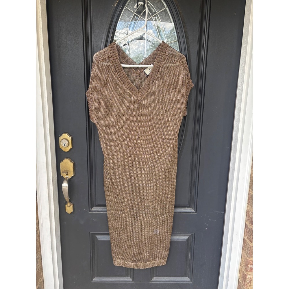 Tuckernuck Womens Bronze Metallic Lurex V-Neck Knit Shift Dress XS FLAWS‎